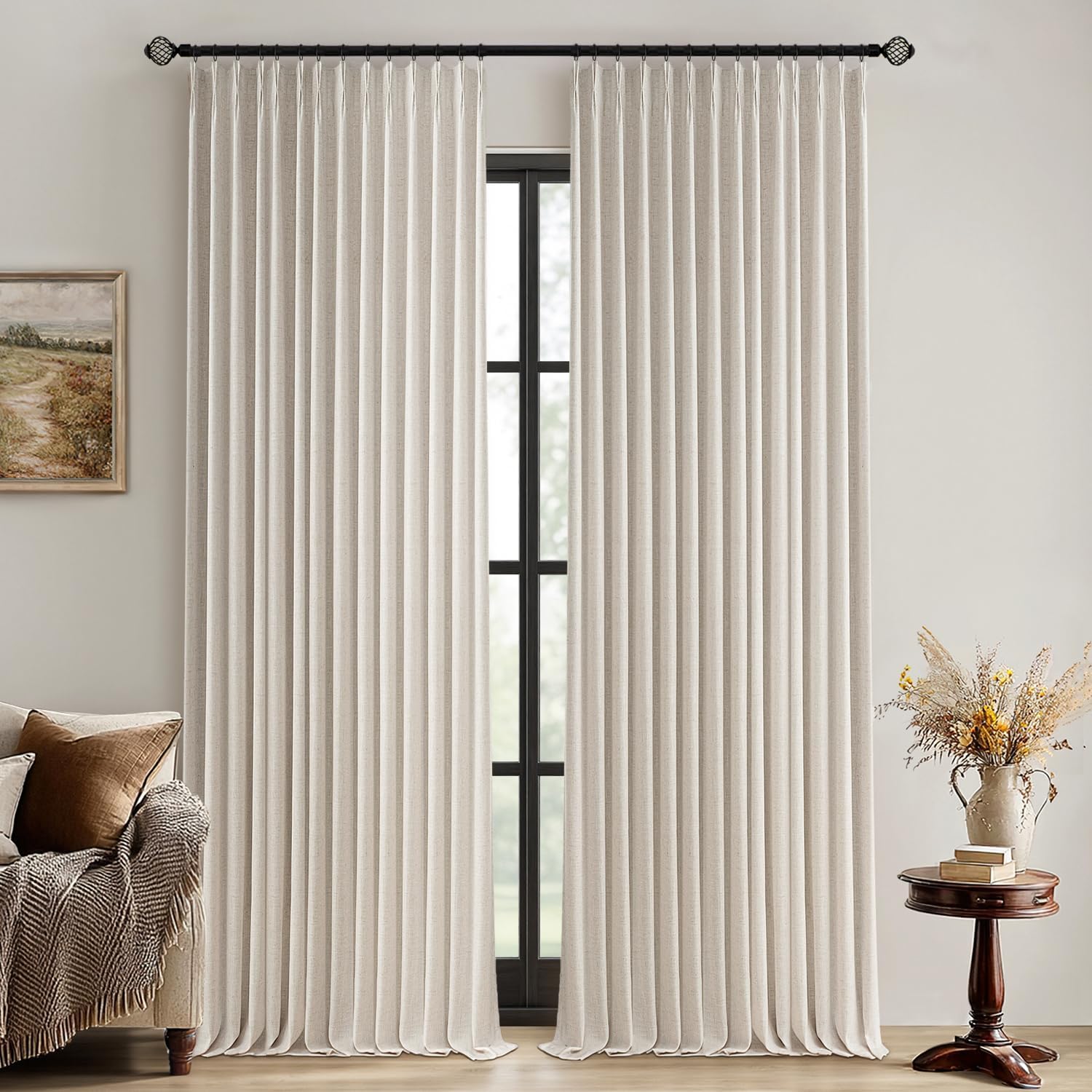 MIULEE Beige Pinch Pleated 100% Blackout Linen Curtains for Bedroom, Room Darkening Memory Trained Light Blocking Window Curtains 84 inches Long for Living Room, Black Out Pleat Drapes, 2 Panels